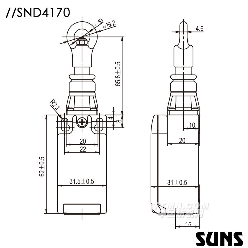 SUNS美国三实自复位拉绳开关SND4170安全拉绳开关 单向动作式拉绳开关 尺寸图