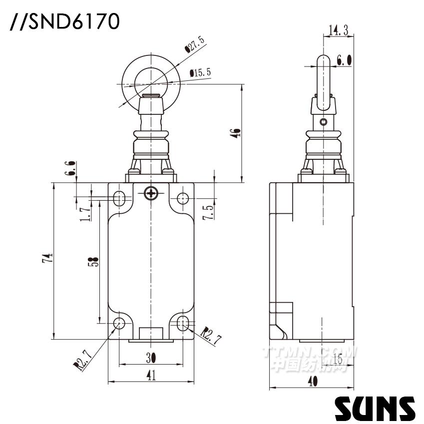 SUNS美国三实自复位安全开关SND6170安全拉绳开关（单向动作式）尺寸图