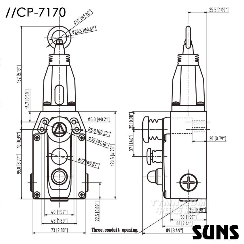 SUNS美国三实带急停按钮拉绳开关CP7170-SL22-C-R-E防水安全开关 尺寸图